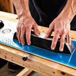 Waxing a Snowboard**

*   **Prompt:** Close-up shot of a person's hands waxing a snowboard base with a hot wax iron. Focus on the melting wax and the texture of the snowboard base. Add a blurred background of a cozy workshop or garage setting, hinting at winter sports preparation. Use warm, inviting lighting.

**