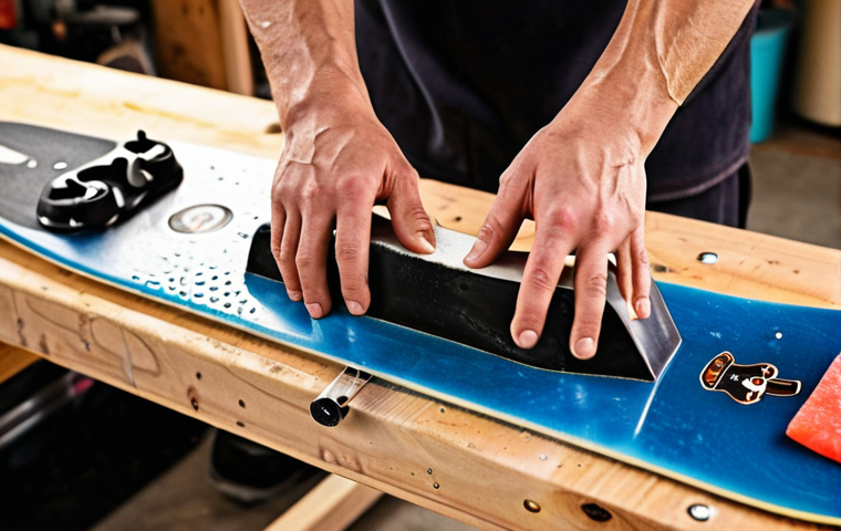 Waxing a Snowboard**
* **Prompt:** Close-up shot of a person's hands waxing a snowboard base with a hot wax iron. Focus on the melting wax and the texture of the snowboard base. Add a blurred background of a cozy workshop or garage setting, hinting at winter sports preparation. Use warm, inviting lighting.
**