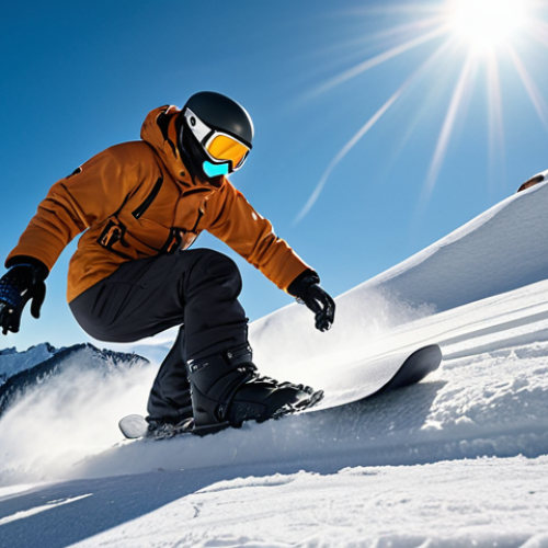 Home 6 A dynamic, futuristic close-up of a snowboarder carving down a pristine, snow-covered slope at high speed. The snowboard itself subtly glows with integrated smart tech elements, revealing a lightweight bamboo or carbon fiber core. The rider's boots feature advanced AI interfaces, and their helmet displays a holographic overlay. The scene emphasizes innovation, seamless control, and the thrill of a highly personalized riding experience, with crisp mountain air and golden hour light.