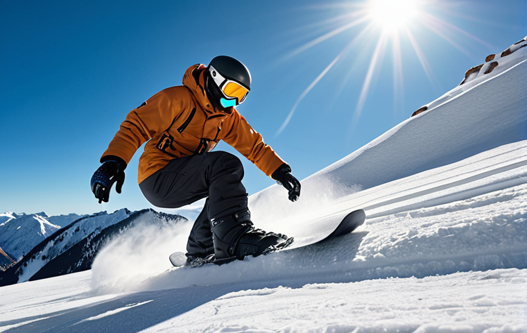 A dynamic, futuristic close-up of a snowboarder carving down a pristine, snow-covered slope at high speed. The snowboard itself subtly glows with integrated smart tech elements, revealing a lightweight bamboo or carbon fiber core. The rider's boots feature advanced AI interfaces, and their helmet displays a holographic overlay. The scene emphasizes innovation, seamless control, and the thrill of a highly personalized riding experience, with crisp mountain air and golden hour light.