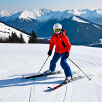 A focused beginner skier in a modest, professional ski suit, demonstrating a controlled plow turn on a wide, gentle, snow-covered slope at a Polish ski resort. A certified instructor, also in appropriate winter sports attire, stands nearby, offering guidance. The background features majestic, snow-capped mountains under a clear blue sky, capturing the serene beauty of the Polish winter landscape. The scene conveys a sense of safe, effective learning and enjoyment. Full body shot, perfect anatomy, correct proportions, natural pose, well-formed hands, proper finger count, natural body proportions. Safe for work, appropriate content, fully clothed, professional, family-friendly.